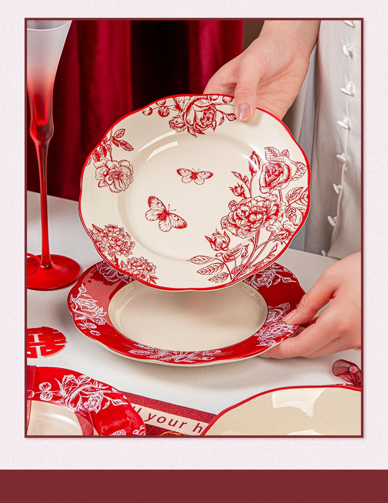 High-end Bowl and Plate Tableware Ceramic Wedding Gift for Bride Red Bowl Plate Chopstick Set Housewarming New Home Wedding Gift Box