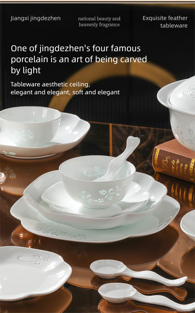 Jingdezhen Linglong Porcelain Tableware Gift Custom New Housewarming Gift Bowl and Plate Set Household Soup Bowl Noodle Bowl