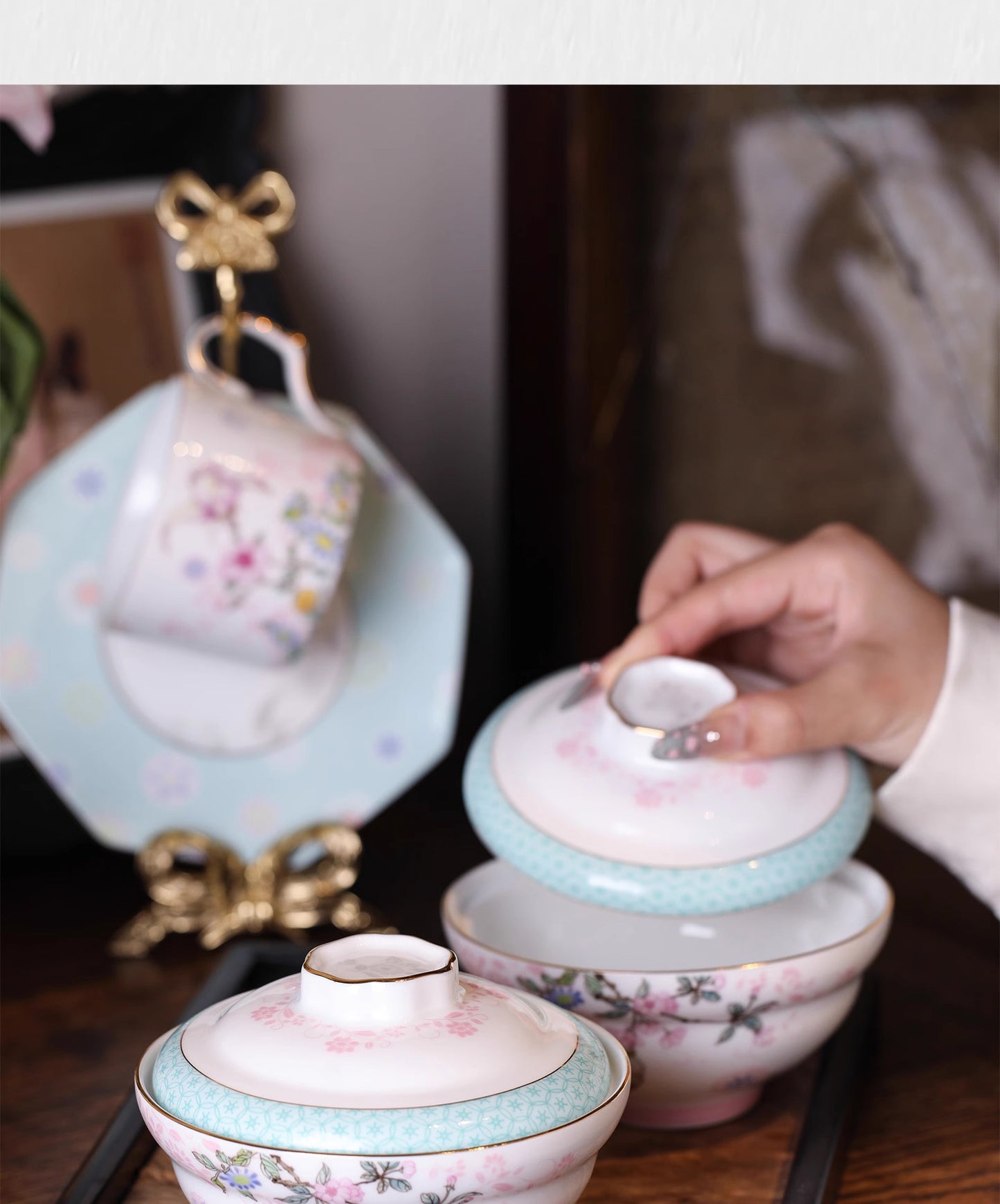 Aowei Afternoon Tea Tableware High White Porcelain Ceramic Covered Bowl Jingdezhen Covered Dim Sum Bowl Household Small Bowl Gift Box Set