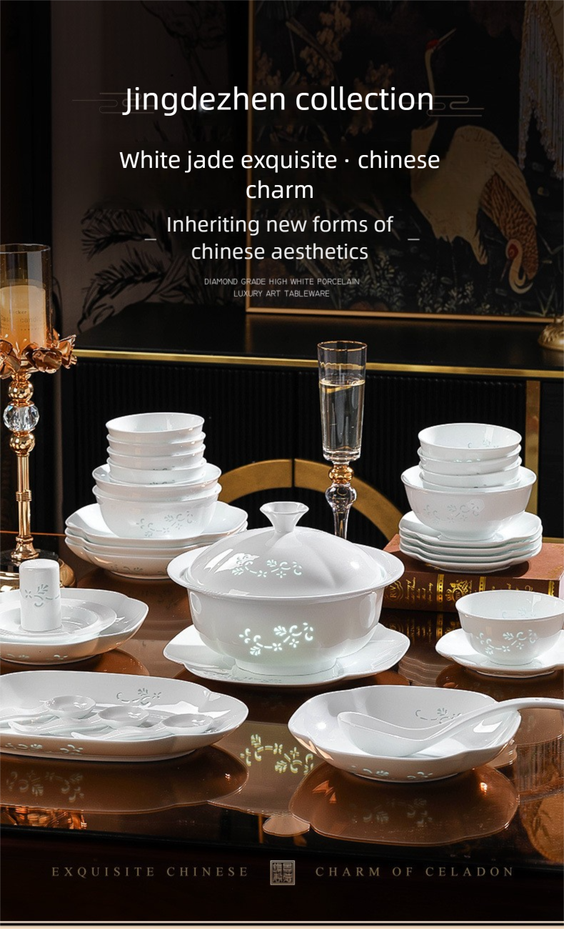 Jingdezhen Linglong Porcelain Tableware Gift Custom New Housewarming Gift Bowl and Plate Set Household Soup Bowl Noodle Bowl