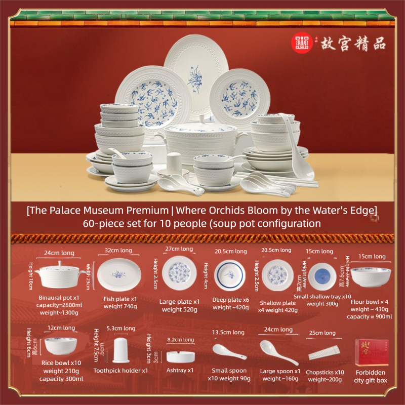 Taipei National Palace Museum Cultural and Creative Collaboration Ceramic Bowl and Plate Set Household Tableware Set Bowl and Plate Jingdezhen Bowl Set Housewarming
