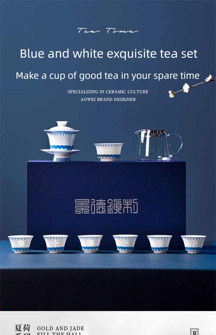 Jingdezhen Blue and White Tea Set Custom High-end Business Gift Gaiwan Teacup Set Housewarming Gift
