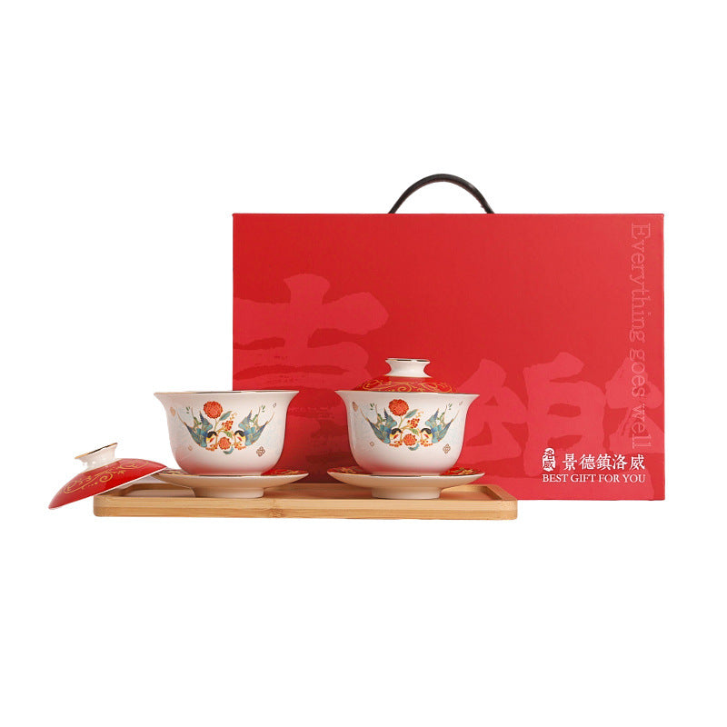 Tea Cup Wedding Newlywed Pair Bowl and Chopsticks Set Tea Set Newlywed Change of Mouthpiece Wedding Tea Cup Dowry Item Red Gaiwan