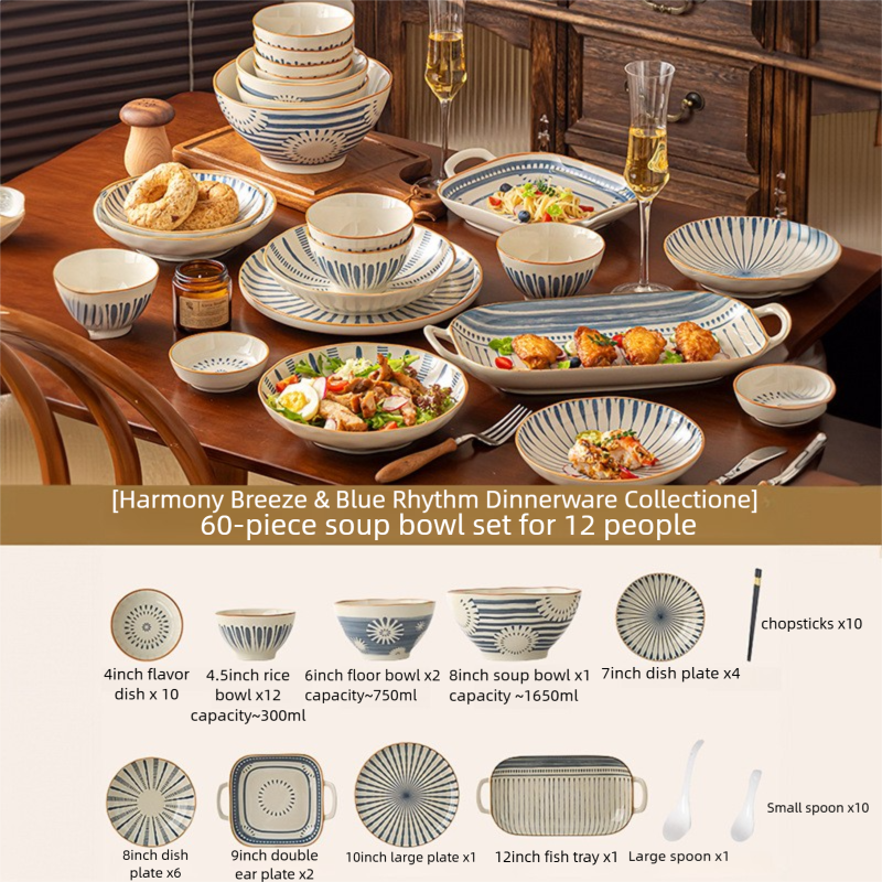 Minimalist Underglaze Ceramic Tableware Bowl and Plate Set Household Especially Beautiful Rice Bowl Deep Soup Plate Wholesale