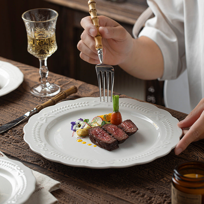 Embossed French Style Ceramic Dinner Plate – 2025 High-end Western Breakfast Dish