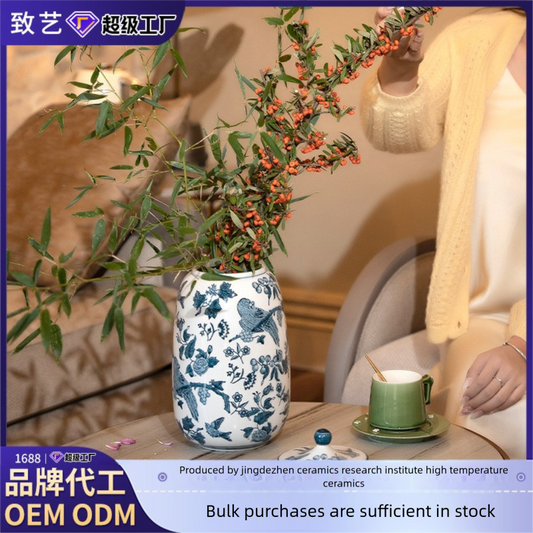 Large Ceramic Vase Manufacturer Light Luxury Blue and White Pastel Craft Porcelain Vase Customization Jingdezhen Decorative Ornament