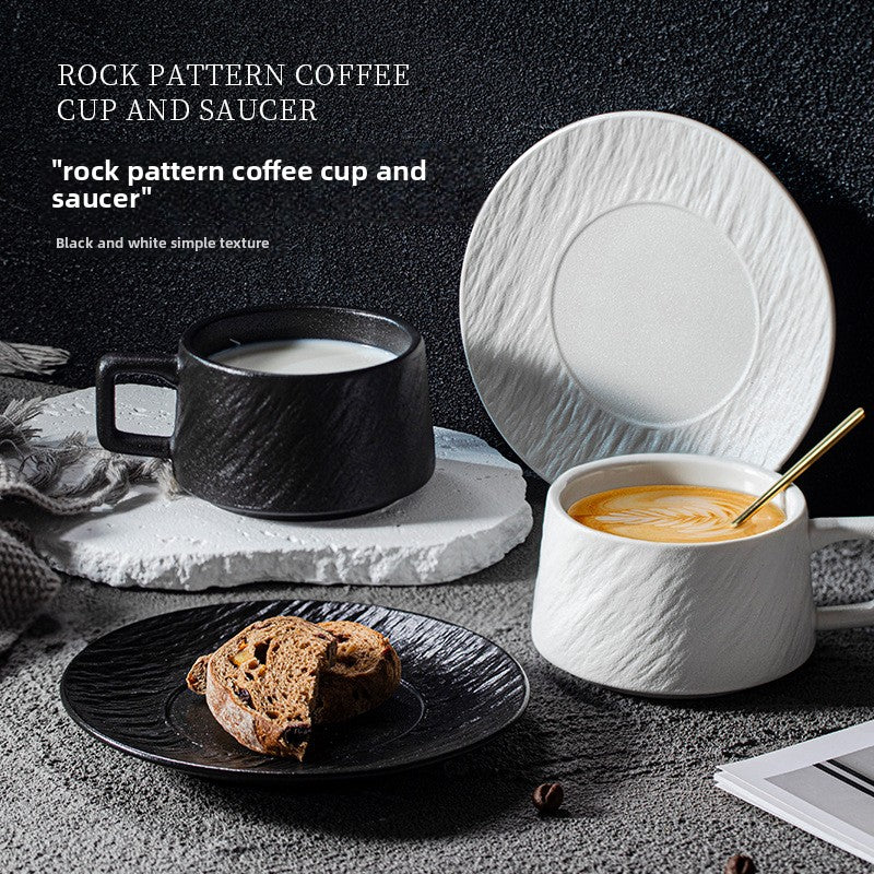 Nordic Black & White Ceramic Cup with Saucer – Retro Stone Pattern Coffee Cup