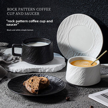 Nordic Black & White Ceramic Cup with Saucer – Retro Stone Pattern Coffee Cup