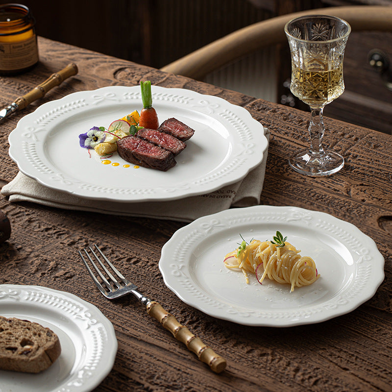 Embossed French Style Ceramic Dinner Plate – 2025 High-end Western Breakfast Dish