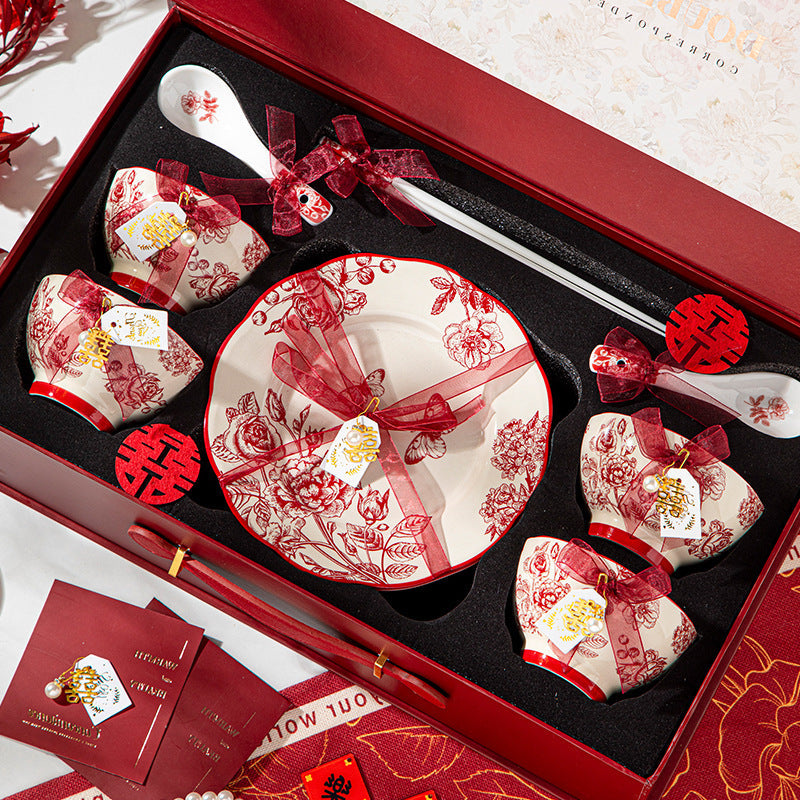High-end Ceramic Bowl & Plate Tableware Set – Red Wedding Gift Box with Chopsticks