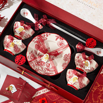 High-end Ceramic Bowl & Plate Tableware Set – Red Wedding Gift Box with Chopsticks