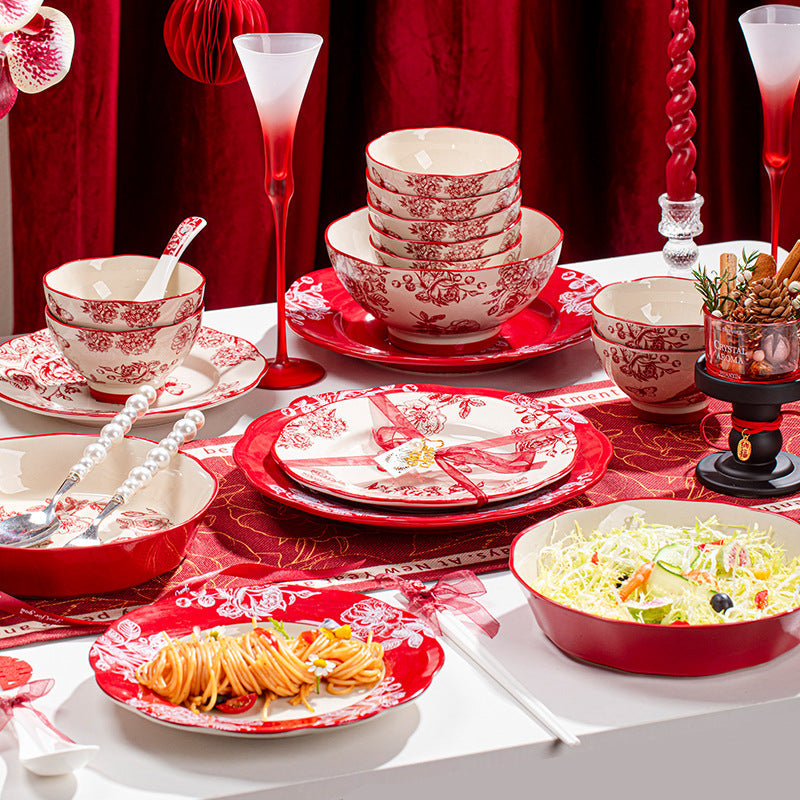 High-end Ceramic Bowl & Plate Tableware Set – Red Wedding Gift Box with Chopsticks