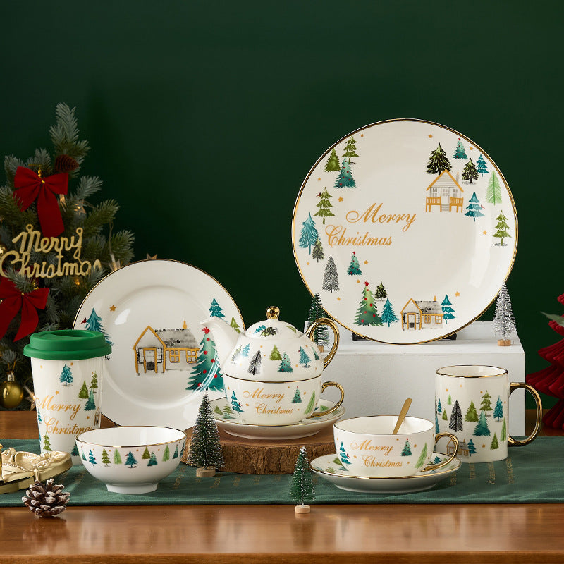 Christmas tree tableware set, ceramic rice bowl, cute dessert plate
