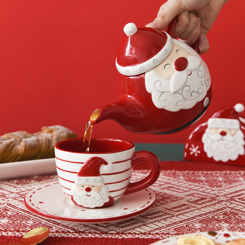 European-style Santa Claus ceramic coffee cup and saucer set, creative gift teapot, embossed afternoon tea cup and saucer tea set