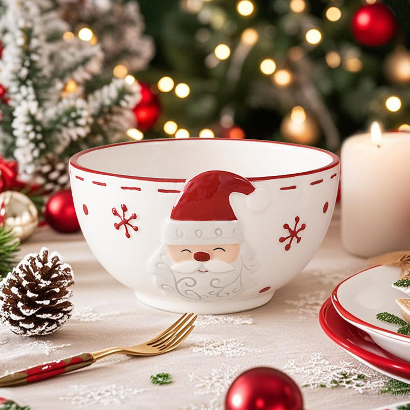 Nordic Stitched Santa Claus Ceramic Rice Bowl with Hand-Painted Relief Design and Underglaze Color Creative Bowl, Perfect for Gifting