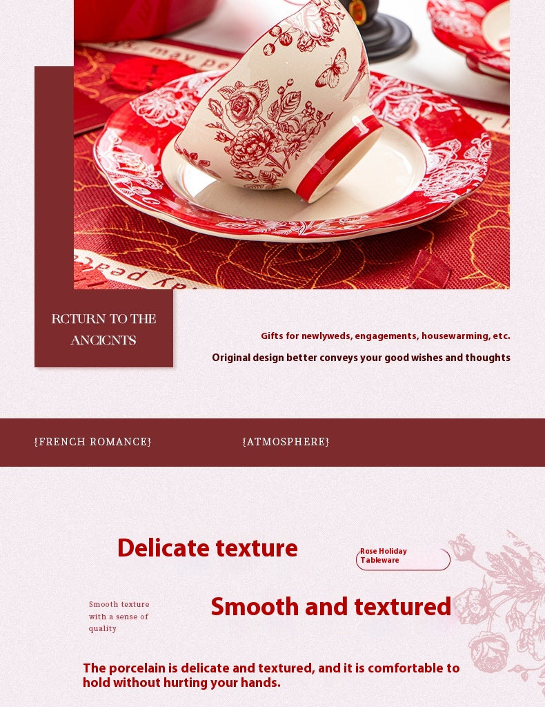 High-end Bowl and Plate Tableware Ceramic Wedding Gift for Bride Red Bowl Plate Chopstick Set Housewarming New Home Wedding Gift Box