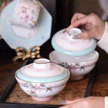 Aowei Jingdezhen White Porcelain Tea Set – Covered Dim Sum Bowls & Small Gift Set