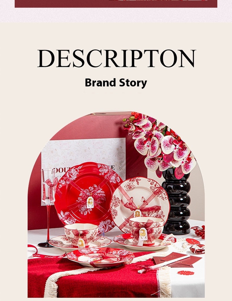 High-end Bowl and Plate Tableware Ceramic Wedding Gift for Bride Red Bowl Plate Chopstick Set Housewarming New Home Wedding Gift Box
