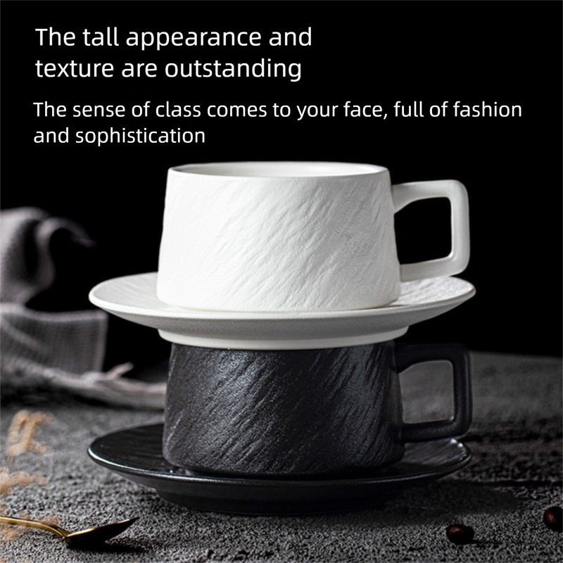 Nordic Black & White Ceramic Cup with Saucer – Retro Stone Pattern Coffee Cup