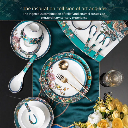 Jingdezhen Bone China Tableware Set Custom Chinese Style Flower and Bird Bowl and Plate Set High Aesthetic Housewarming Gift Set