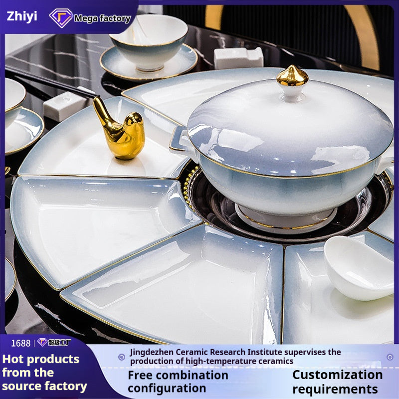 Jingdezhen Ceramic Tableware Custom Plates Dish Plates Household Reunion Platter Tableware Set Fan-Shaped Plates Bowls Dishes Set