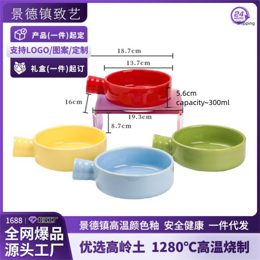 Jingdezhen Ceramic Flat Bottom Bowl Cat Bowl Ceramic Slow Feeder Bowl Single Handle Drinking Bowl Anti-Black Chin Can Food Bowl Pet Bowl